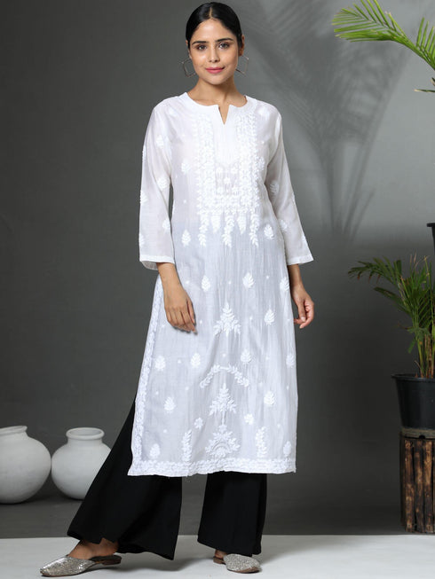 Ria Malhotra in Hand Embroidery Chikankari Long Kurti for Women In Chanderi Silk White-6